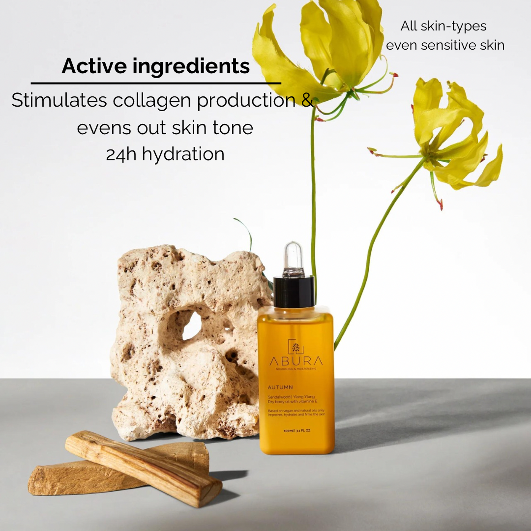 Autumn • Hydrateert • Verstevigd • Verzachtend •  Dry Body Oil • Vitamine E | Sandelhout | Ylang Ylang | 15 +Organic ingredienten | Afrikaanse & Mediterrane rituelen in 1 fles