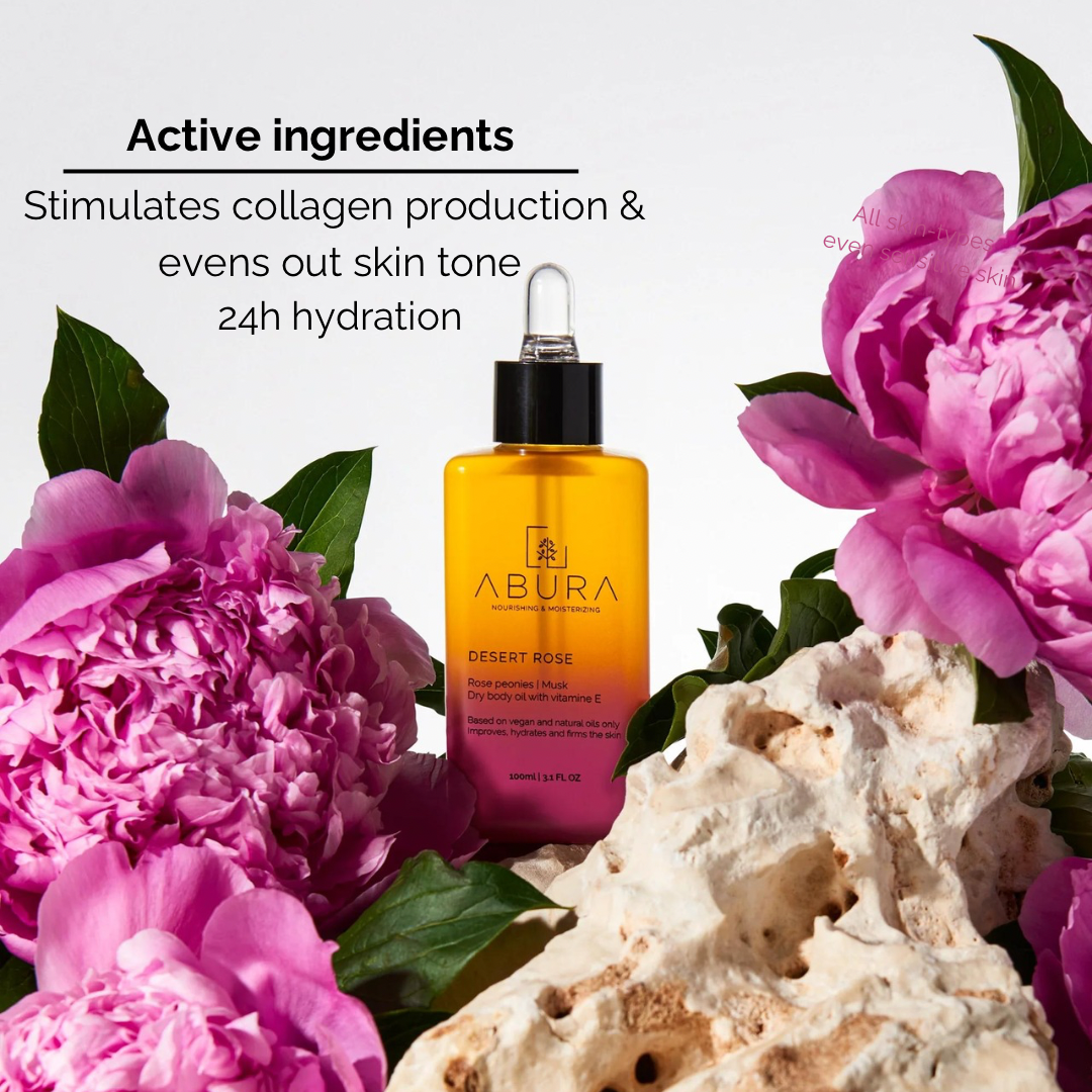 Desert Rose • Hydrateert • Verstevigd • Verzachtend •  Dry Body Oil • Vitamine E | Rose peonies | Musk | Patchouli | 15 +Organic ingredienten | Afrikaanse & Mediterrane rituelen in 1 fles